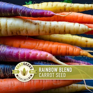 May include: A stack of colorful carrots in shades of purple, orange, yellow, and white. The image includes a logo that reads "SEED GEEKS" and the text "RAINBOW BLEND CARROT SEED."