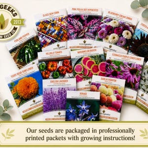 The image is an advertisement for Seedgeeks, a company that packages seeds in professionally printed packets with growing instructions. The seeds are displayed in a visually appealing manner, showcasing various colorful flowers and plants.