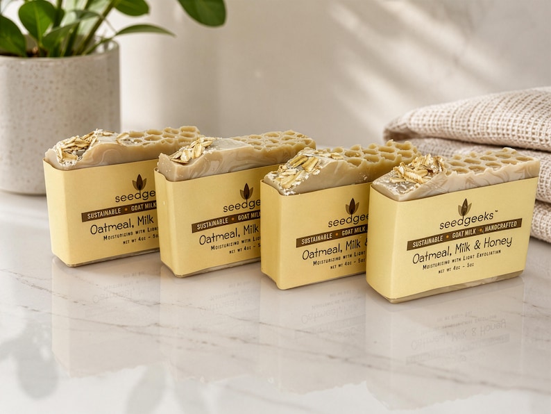 May include: Four rectangular bars of soap with a honeycomb-textured top, topped with oat flakes. Each bar is wrapped in a yellow paper label printed with the text 'seedgeeks', 'Sustainable Goat Milk', and 'Oatmeal, Milk & Honey', net wt 4oz - 5oz.