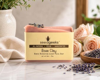 Rose Clay Facial Soap – Handmade Vegan with Lavender & Patchouli Essential Oils, Sensitive Skin