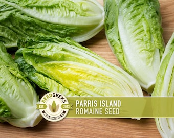 May include: Fresh, green romaine lettuce heads and cut halves are displayed on a wooden surface. The image features the text "Parris Island Romaine Seed" and the Seed Geeks logo, indicating a product related to gardening or agriculture.