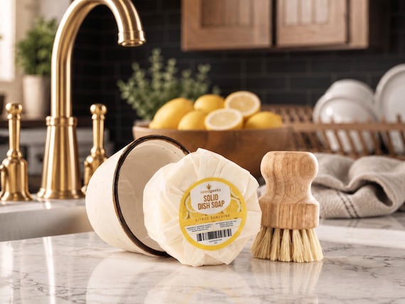 Solid Dish Soap Set | Zero-Waste, Handmade, Citrus Scent, Bamboo Brush, Ceramic Ramekin | Plastic-Free Kitchen