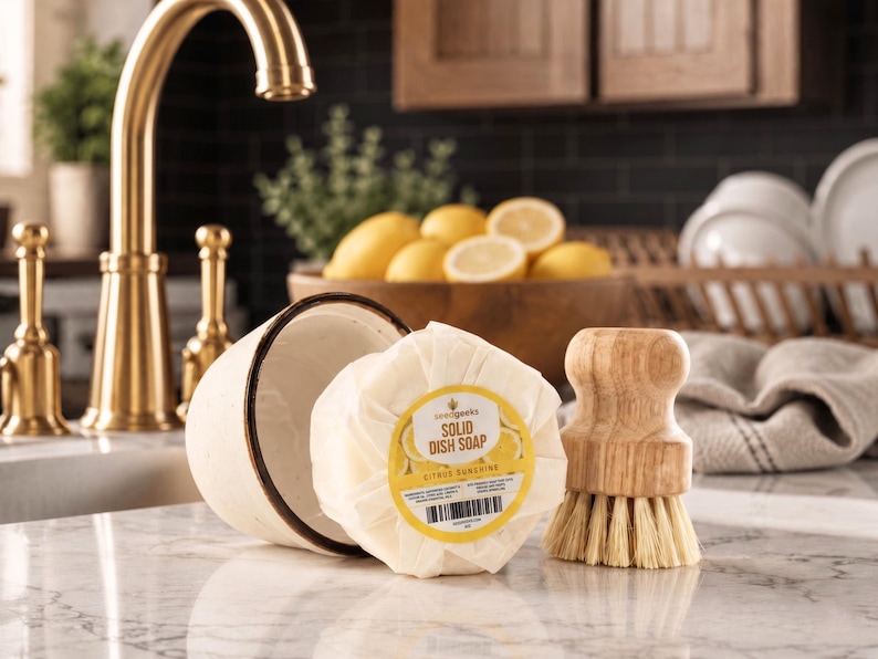 May include: A solid dish soap bar wrapped in paper, a ceramic dish, and a wooden dish brush are displayed on a marble countertop. The soap has a yellow label with text. A gold faucet is in the background.