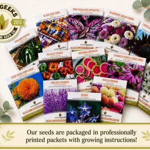 The image is an advertisement for Seedgeeks, a company that packages seeds in professionally printed packets with growing instructions. The seeds are displayed in a visually appealing manner, showcasing various colorful flowers and plants.