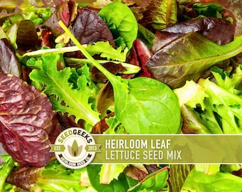 May include: Close-up of a mix of fresh heirloom lettuce leaves in various shades of green and red. The image includes a logo that reads "Seed Geeks" and the text "Heirloom Leaf Lettuce Seed Mix."