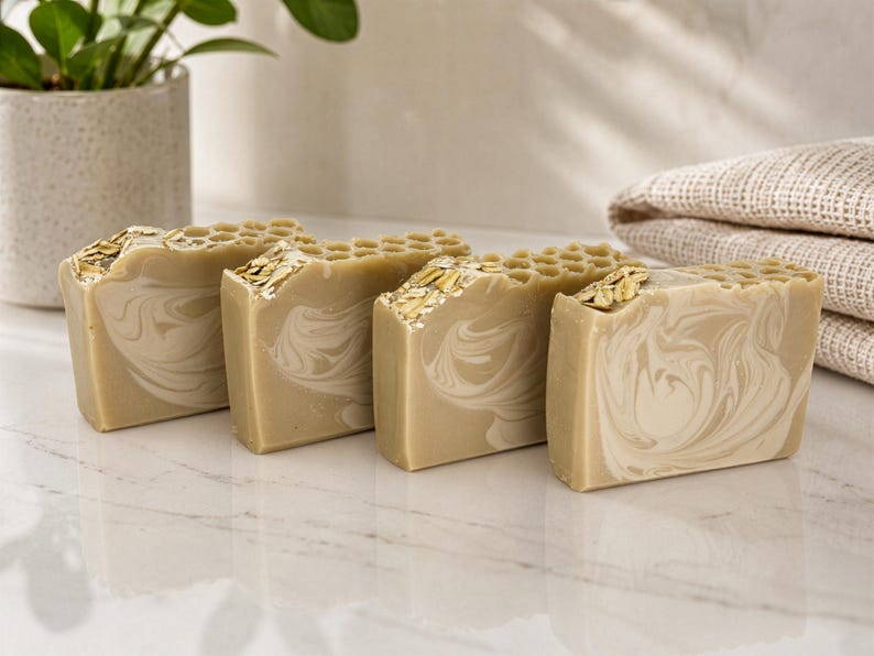 May include: Four rectangular bars of soap arranged in a row. Each bar features a light tan and cream marbled swirl pattern, a textured honeycomb design on the top edge, and a scattering of light brown oat flakes embedded into the top surface.