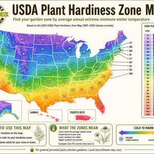 The image is a colorful map of the United States, showing the USDA Plant Hardiness Zone map based on the 2003 USDA Plant Hardiness Zone Map. The map provides information on the average annual extreme minimum winter temperature for each zone, which is used to determine the plant hardiness zone. The map also includes a legend that explains the color-coded zones and what they mean.
