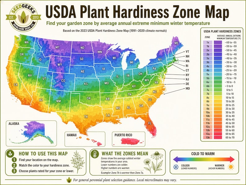 The image is a colorful map of the United States, showing the USDA Plant Hardiness Zone map based on the 2003 USDA Plant Hardiness Zone Map. The map provides information on the average annual extreme minimum winter temperature for each zone, which is used to determine the plant hardiness zone. The map also includes a legend that explains the color-coded zones and what they mean.