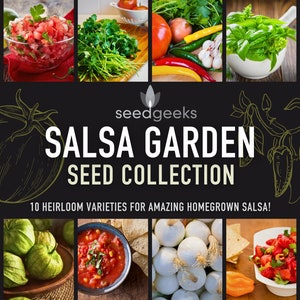 May include: A collage of images featuring fresh ingredients for making salsa, including tomatoes, onions, peppers, cilantro, garlic, and tomatillos. The text "seedgeeks SALSA GARDEN SEED COLLECTION 10 heirloom varieties for amazing homegrown salsa!" is displayed on a black background.