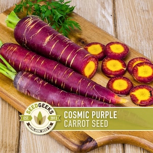 May include: Three Cosmic Purple carrots and several carrot slices on a wooden cutting board. The carrots are a deep purple with orange streaks. The carrot slices have a vibrant yellow center surrounded by a red-orange ring. The image includes the text "Cosmic Purple Carrot Seed".