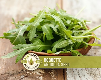 May include: A wooden bowl filled with fresh, green arugula leaves. The leaves have a jagged edge and are a vibrant green color. The image includes a logo that reads "Seed Geeks" and "Roquette Arugula Seed".