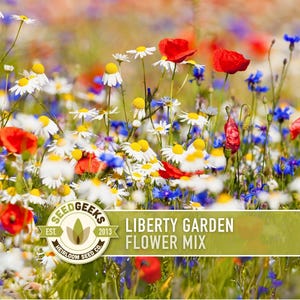 May include: A vibrant field of wildflowers in full bloom, featuring white daisies with yellow centers, red poppies, and blue cornflowers. The image includes a banner that reads "Liberty Garden Flower Mix" and a logo for Seed Geeks.