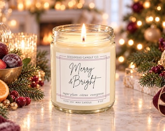 Merry & Bright Soy Candle | 4 or 8 oz, Sugar Plum, Citrus, Fir, Holiday Scent