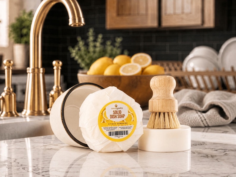 Puede incluir: Una pastilla de jab&oacute;n s&oacute;lido para lavar platos con aroma c&iacute;trico, un plato de cer&aacute;mica blanco y un cepillo para platos de madera se exhiben sobre una encimera de m&aacute;rmol. El jab&oacute;n est&aacute; etiquetado como "Citrus Sunshine". Un grifo dorado est&aacute; en el fondo.
