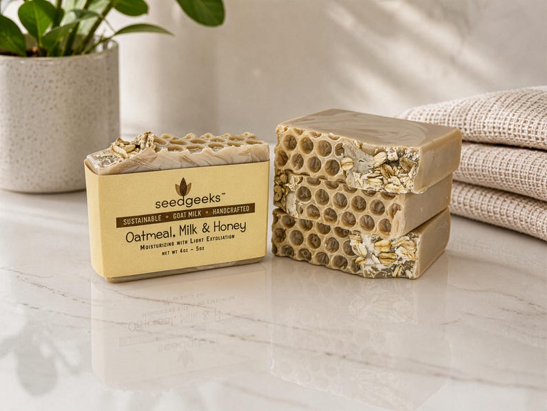 Oatmeal, Milk & Honey Soap - Handcrafted Goat Milk Bar, All Natural, Homemade, Cold Process image 4