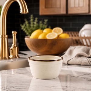 Puede incluir: Un peque&ntilde;o cuenco de cer&aacute;mica blanquecina con un borde marr&oacute;n se encuentra sobre una encimera de m&aacute;rmol. El entorno de la cocina incluye un grifo dorado, un cuenco de madera con limones y un escurreplatos. El cuenco est&aacute; moteado y es parte de un juego de cocina.