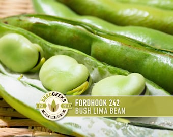 May include: Close-up of fresh, green Fordhook 242 Bush Lima Beans, some shelled, with the Seed Geeks logo. The beans are a vibrant green color, with a smooth texture. The image highlights the natural freshness of the beans.