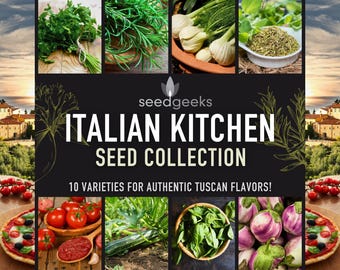 May include: An Italian Kitchen Seed Collection image with various herbs, vegetables, and a pizza. The image includes the text "seedgeeks ITALIAN KITCHEN SEED COLLECTION" and "10 VARIETIES FOR AUTHENTIC TUSCAN FLAVORS!"