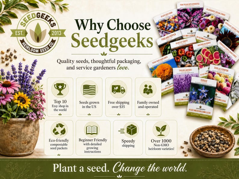 The image is an advertisement for Seedgeeks, a company that sells high-quality seeds, thoughtful packaging, and service gardening advice. It features various seed packets, including heirloom varieties, along with illustrations of potted plants and a bowl of seeds. The ad highlights the company's commitment to quality, eco-friendly practices, and customer service, encouraging viewers to "plant a seed. Change the world."