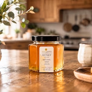 May include: A jar of honey with a black lid and a label that reads "Honey 100% Pure Natural Raw Local". A wooden honey dipper rests on a small wooden plate. A mug and a vase with greenery are also on the table.
