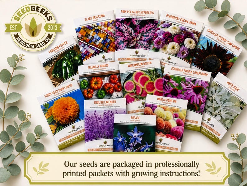 The image is an advertisement for Seedgeeks, a company that packages seeds in professionally printed packets with growing instructions. The seeds are displayed in a visually appealing manner, showcasing various colorful flowers and plants.