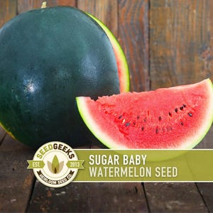 May include: A whole Sugar Baby watermelon and a slice, showcasing the vibrant red flesh and black seeds. The rind is dark green with a light green edge. The image includes the Seed Geeks logo and text: Sugar Baby Watermelon Seed.