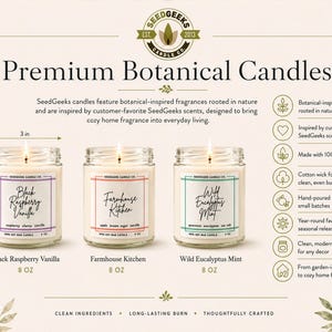 Puede incluir: Tres velas en tarros de vidrio, cada una de aproximadamente 7,6 cm de ancho y 8,9 cm de alto, con mechas encendidas. Las etiquetas dicen "Black Raspberry Vanilla", "Farmhouse Kitchen" y "Wild Eucalyptus Mint". La imagen es para SeedGeeks Botanical Candles.