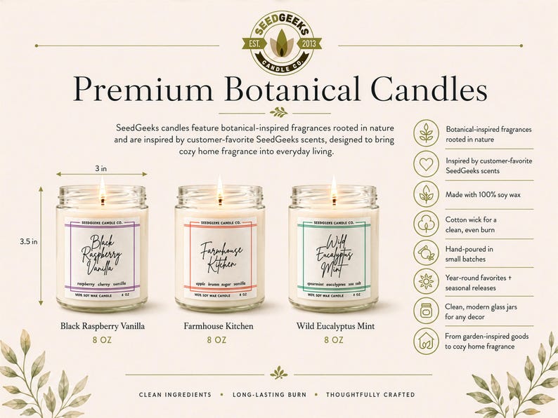 Puede incluir: Tres velas en tarros de vidrio, cada una de aproximadamente 7,6 cm de ancho y 8,9 cm de alto, con mechas encendidas. Las etiquetas dicen "Black Raspberry Vanilla", "Farmhouse Kitchen" y "Wild Eucalyptus Mint". La imagen es para SeedGeeks Botanical Candles.