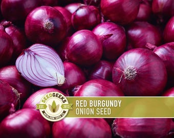May include: A close-up of a pile of Red Burgundy onions, with one cut in half to reveal its layers. The onions are a deep red-purple colour. The image includes a logo that says "SEED GEEKS" and the text "Red Burgundy Onion Seed".
