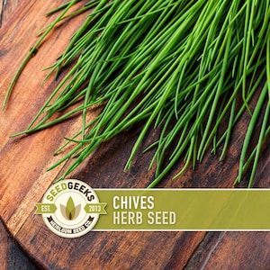 May include: Fresh green chives on a wooden cutting board. The image includes a logo that reads "Seed Geeks" and the text "Chives Herb Seed". The chives are bright green and appear to be freshly harvested.