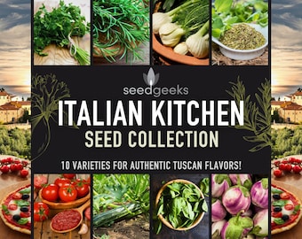 May include: An advertisement for the Italian Kitchen Seed Collection by seedgeeks. The image features various herbs, vegetables, and a pizza. The text reads "ITALIAN KITCHEN SEED COLLECTION" and "10 VARIETIES FOR AUTHENTIC TUSCAN FLAVORS!"