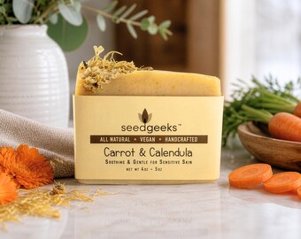 Carrot & Calendula Handmade Soap | Vegan, Citrus Cold Process Bar, Orange Essential Oil, Natural Skincare