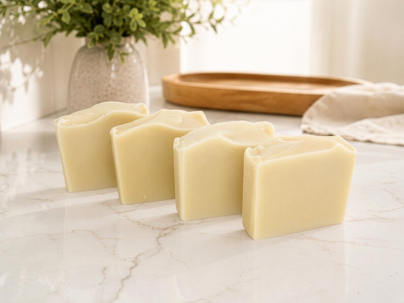 May include: Four rectangular bars of solid, off-white soap arranged in a staggered row. Each bar features a smooth, matte finish with slightly rounded top edges and a uniform, pale cream color throughout the entire surface of the soap blocks.