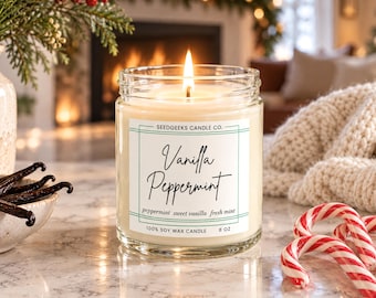 Vanilla Peppermint Soy Candle | 4 or 8 oz Mint, Holiday Scent, Candy Cane, Festive Gift