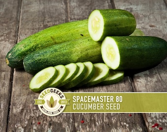 May include: Freshly harvested green cucumbers, some sliced, are displayed on a rustic wooden surface. The image includes the text "Spacemaster 80 Cucumber Seed" and a logo for Seed Geeks, highlighting a gardening theme.