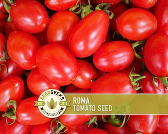 May include: A close-up of bright red Roma tomatoes with green stems. The image features a logo that reads "Seed Geeks" and "Roma Tomato Seed". The tomatoes are oval-shaped and appear fresh.