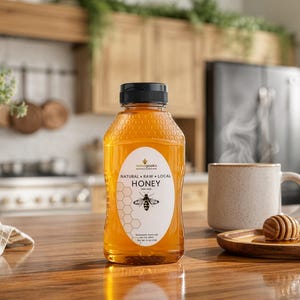 May include: A bottle of honey with a black cap and a label that reads "Natural + Raw + Local Honey". The label features a bee illustration. A mug of coffee and a wooden honey dipper are on a wooden tray.