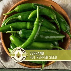 May include: A wooden bowl filled with vibrant green serrano peppers. The peppers are arranged in a pile, with some extending beyond the bowl's rim. The image includes a logo that reads "Seed Geeks" and "Serrano Hot Pepper Seed".