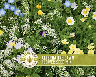 May include: A vibrant mix of wildflowers in full bloom, featuring white, yellow, blue, and purple blossoms. The image includes a variety of flower types, creating a colorful and natural scene. Text on a banner reads "ALTERNATIVE LAWN FLOWER SEED MIX".