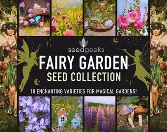 Könnte beinhalten: Werbebild für eine Feengarten-Samenkollektion. Das Bild zeigt den Titel "FAIRY GARDEN SEED COLLECTION" mit dem Text "10 Enchanting Varieties for Magical Gardens!". Das Bild enthält Illustrationen von Feen, Blumen und Miniaturgartenszenen.