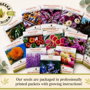 Pode incluir: Uma cole&ccedil;&atilde;o de pacotes de sementes tradicionais Seed Geeks incluindo Glass Gem Corn, Pink Polka Dot Hypoestes, Blueberry Cream Zinnia, Chocolate Cherry Sunflower, Poblano Pepper, Hillbilly Tomato, Watermelon Radish, Echinacea, Teddy Bear Sunflower, English Lavender, Borage, Darlia Pompon e White Sage.