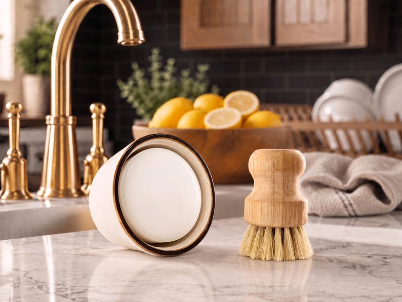 Puede incluir: Un jabonera crema con borde marr&oacute;n oscuro y un cepillo de cocina de madera con cerdas claras sobre una encimera de m&aacute;rmol. Un grifo dorado y limones en un cuenco de madera se ven al fondo.