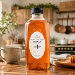 May include: A large, clear plastic bottle filled with golden honey, labeled "Natural Raw Local Honey" with a bee graphic. A wooden honey dipper rests on a wooden tray. A ceramic mug and vase are in the background.