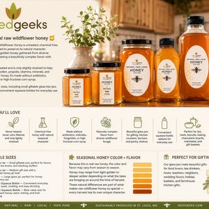 The image is an advertisement for Seedgeeks Pure, Local Honey, featuring various jars of honey with labels describing their unique characteristics and benefits.