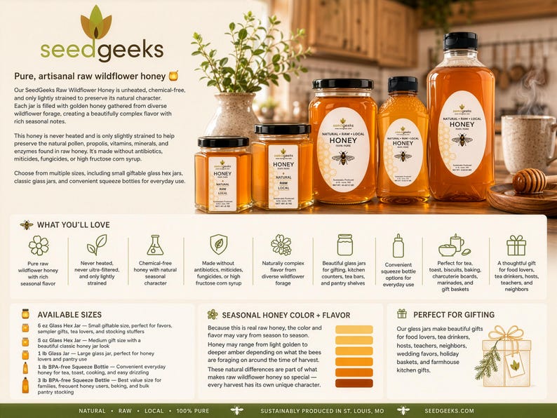 The image is an advertisement for Seedgeeks Pure, Local Honey, featuring various jars of honey with labels describing their unique characteristics and benefits.