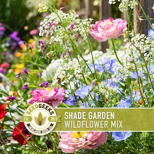 May include: A vibrant garden scene featuring a mix of colorful wildflowers. Pink, purple, blue, and white blooms are interspersed among green foliage. A banner reads "Shade Garden Wildflower Mix" with a logo.
