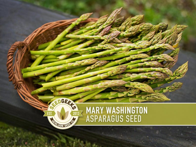A basket filled with fresh, green asparagus stalks sits on a wooden surface, with a logo and text indicating the brand and product name.