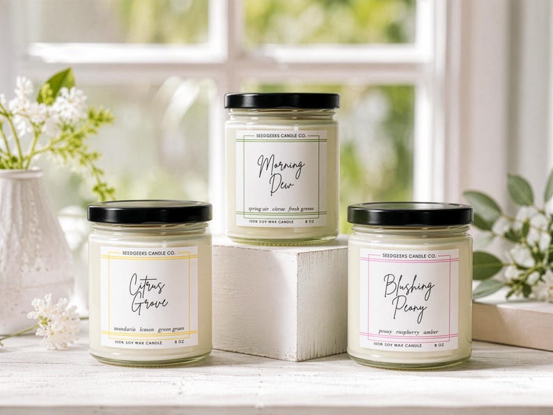 Puede incluir: Se muestran tres velas en tarros de vidrio con tapas negras. Las etiquetas dicen "Morning Dew", "Citrus Grove" y "Blushing Peony". La vela "Morning Dew" se describe como aire de primavera, verdes frescos, y la vela "Citrus Grove" se describe como mandarina, lim&oacute;n y hierba verde. Cada vela es de 227g.