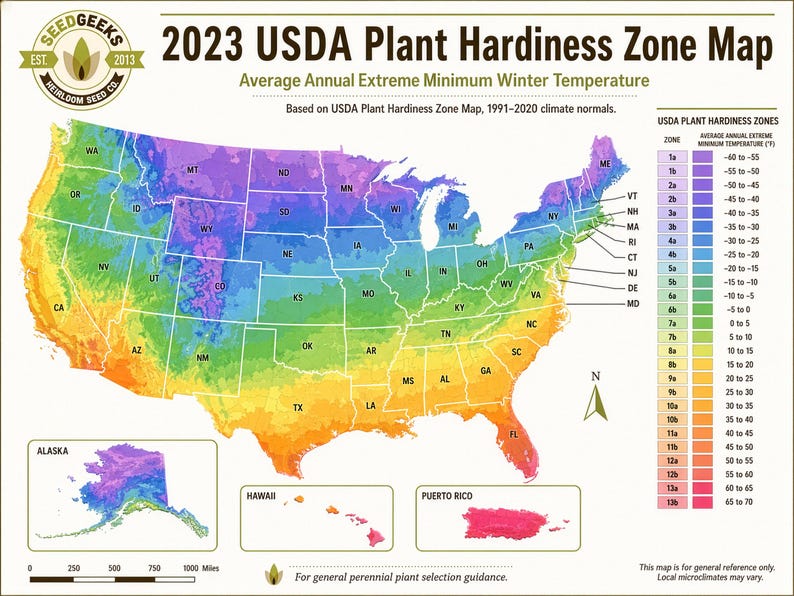 The image is a colorful map of the United States, depicting the USDA Plant Hardiness Zone Map for the year 2013. The map shows the average annual extreme minimum winter temperature for each zone, ranging from -50 to 50 degrees Fahrenheit. The map is designed to provide guidance for plant selection based on the climate zone, helping growers determine which plants are best suited for their specific region.