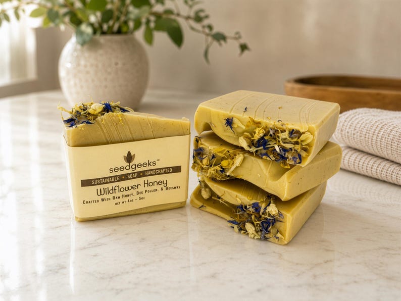 May include: A stack of three rectangular bars of pale yellow soap topped with dried blue and yellow wildflower petals. One bar is wrapped in a beige paper label reading seedgeeks Wildflower Honey Crafted With Raw Honey, Bee Pollen, & Beeswax Net Wt 4oz - 5oz.